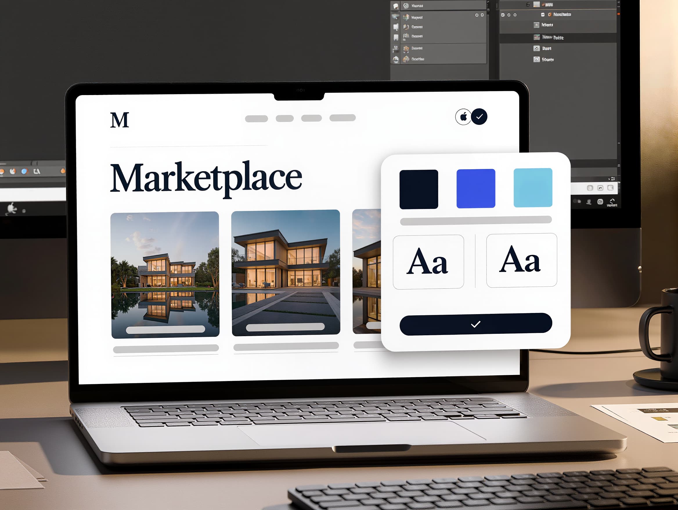 Aperçu de la personnalisation d'une marketplace : palette de couleurs, typographie et logo appliqués en direct sur le template
